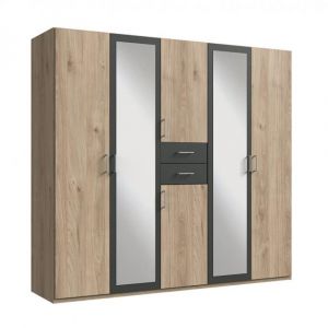 Wimex Armoire 4 portes chênes 2 portes miroirs diver 225 cm 2 tiroirs graphites