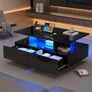 MODFU-Table basse relevable avec rangement, 2 tiroirs, table d'appoint de canap&eacute; LED, capacit&eacute; de charge 30 kg, 90x55x41cm, noir