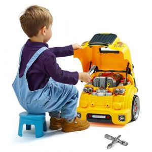 VEVOR Jouet Moteur de Camion, 60 Accessoires, Jouet M&eacute;canicien Camion Enfant avec Lumi&egrave;res, Sons, Volant, Kit Jeu Imitation M&eacute;canicien R&eacute;paration Atelier Automobile pour Enfants 3 Ans et Plus, Jaune