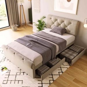 Lit capitonné en tisssu de lin - avec 2 tiroirs - tête de lit réglable - 90x200cm - Gris