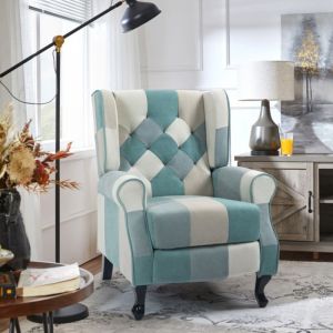 Fauteuil patchwork relax berg&egrave;re inclinable repose-pieds bleu Ethron