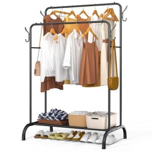 Vounot Portant à Vêtements Double Tringle avec Étagères à Chaussures et 4 Crochets Latéraux Penderie Vêtement Robuste en Métal Pour Chambre Dressing et Entrée 110x58x150cm Noir