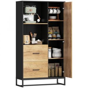 Homcom Armoire cuisine - 2 tiroirs, placard, étagères réglables - panneaux de particules et acier - 88x35x160cm - noir et naturel