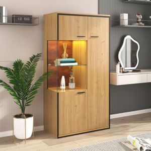 Vitrine salon - Armoire avec &eacute;clairage LED - 2 &eacute;tag&egrave;res en verre - 3 portes - Beige