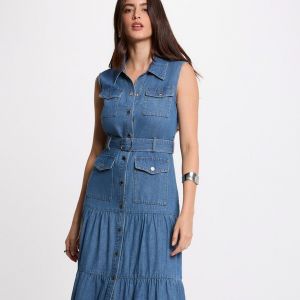 Morgan Robe longue denim boutonn&eacute;e &agrave; &eacute;tage sm bleu