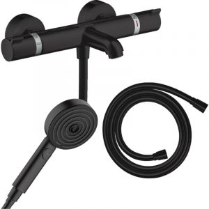 Image de Hansgrohe Pack mitigeur bain douche thermostatique Ecostat Comfort + Flexible Isiflex + Pommeau Pulsify Select 3jets Relaxation noir mat