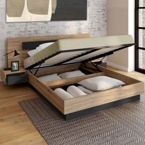 Idmarket Lit coffre SANTA avec tables de chevets intégrées et sommier 140x190cm couleur bois et noir