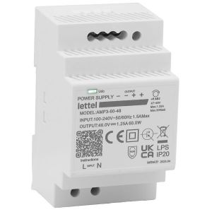 LETTEL - Alimentation 230Vca/15Vcc, puissance 60W. Fixation rail-din, largeur 3 modules. - AMP3-60-15