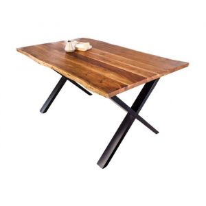 Table de salle &agrave; manger ARKAYA &ndash; Bois massif d'acacia verni et pieds en m&eacute;tal noir en X &ndash; 160 cm &ndash; Style industriel
