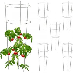 Relaxdays Tuteur à tomates en lot de 6, métal et plastique, hauteur : 76 cm, 3 anneaux réglables, pour plantes, gris