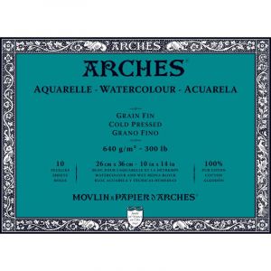 Arches Bloc grain fin 640g/m², 26 cm x 36 cm, 640 g/m², Fin, Bloc collé 4 côtés