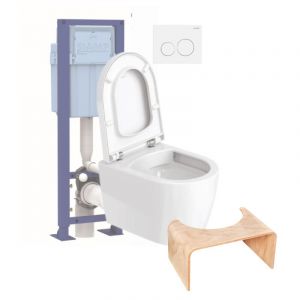 Duravit Pack WC suspendu compact sans bride Me by Starck abattant frein de chute + bati support SIAMP + Plaque blanche + tabouret