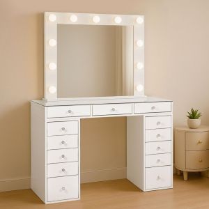 Cotecosy Coiffeuse moderne 13 tiroirs avec miroir lumineux et plateau en verre L120cm Probeauty Blanc