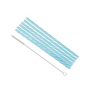 Homéa, Set de 6 Pailles en Plastique Réutilisable Rayures Bleu et Blanc 23 cm + Brosse