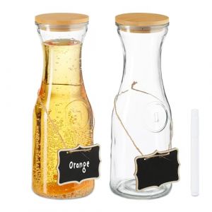 Relaxdays Set de 2 carafes d'eau, en Verre, capacit&eacute; de Chaque : 1 Litre, Couvercle en Bambou, Transparent et Nature