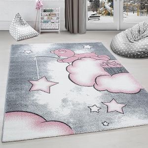 Tapis chambre d´enfant ours la pêche aux étoiles nuages Gris-Blanc-Rose (80x150 cm)