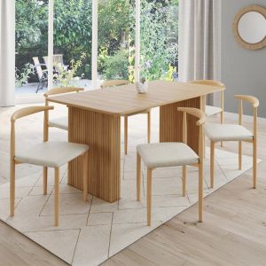 Image de Idmarket Lot de 6 chaises NOE en imitation bois et assise en tissu beige pour salle &agrave; manger