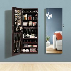 Image de Songmics Armoire à Bijoux Murale,Range-Bijoux avec 2 organisateurs cosmétiques,Suspendre,Miroir psyché sans Cadre,Marron JJC001K01