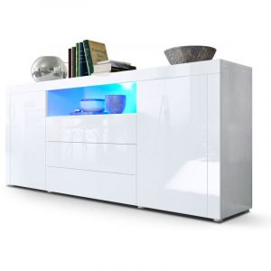 Image de Buffet Commode Dressoir Crédence Santiago Blanc - Façades en coloris divers - Blanc haute brillance / Blanc haute brillance avec éclairage led