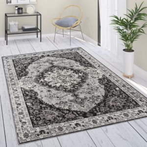 Paco Home - Tapis De Salon Poils Ras Oriental Ornements Avec Bordure Noir Gris 80x150 cm