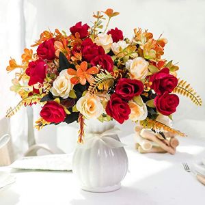 LESING Fleurs artificielles avec Vase en Soie pour Mariage, Maison, Bureau, fête, Salle de réunion, Rouge 1
