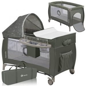 Lionelo Sven Plus boîte 2 en 1 lit bébé, Table à Langer, Jouets, baldaquin Suspendu avec moustiquaire, entrée latérale supplémentaire Rouleaux, Mobiles (Biege Olive, 1 Unité (Lot de 1))
