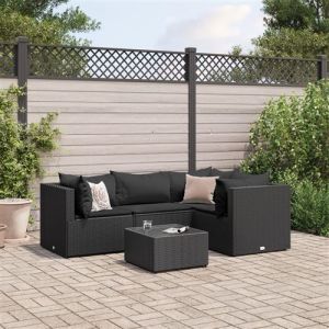 VidaXL Salon de jardin 5 pcs avec coussins Noir Résine tressée, ensemble de canapés d'extérieur, canapé d'angle de jardin, salon de jardin d'angle 3308083