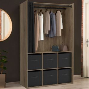 Idmarket Dressing penderie DIANE 104 x 50 x 172 cm hêtre avec 6 boites de rangement + rideau noir