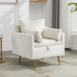 Modernluxe - Fauteuil tissu en velours avec rangement et coussin - pieds en métal doré - blanc