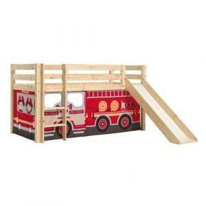 SLEEPY - Lit Mi-Haut Tobogan en Pin Naturel 90x200cm Housse Pompiers - Altobuy