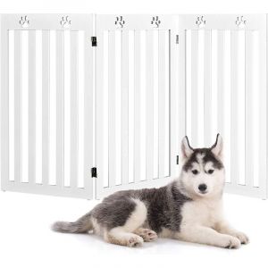 COSTWAY Barri&egrave;re Autoportante pour Chien 3 Panneaux en Bois Charni&egrave;res M&eacute;talliques &agrave; 360&deg; sans Per&ccedil;age pour Maison Escaliers Blanc