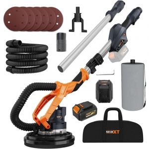 MAXXT Ponceuse murale sans fil 20V sans balais : Réglage continu de vitesse (600-1200 tr/min), Système auto-aspirant, Plateau de 225 mm, Design pliable (télescopique 110-165 cm), Pour murs et plafonds