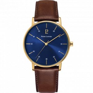 Pierre Lannier Montre 204G064 - CITYLINE Bo&icirc;tier acier dor&eacute; poli cadran bleu bracelet cuir brun Homme