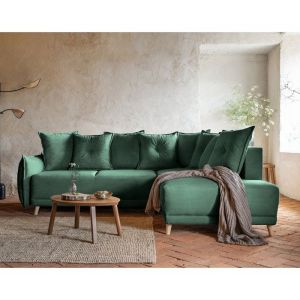 Lena - canap&eacute; d'angle droit 5 places - convertible avec coffre - en velours c&ocirc;tel&eacute; - Vert