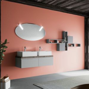 Image de Kiamami Valentina Armoire de salle de bain murale à double vasque en céramique de 120 cm et miroir ovale