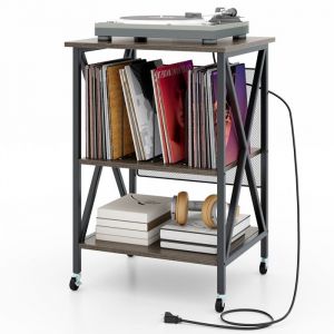 GOPLUS Petit Meuble de Rangement Roulant pour Tourne-disque et Disques Vinyles à 3 Niveaux avec Station de Charge Intégrée-Gris