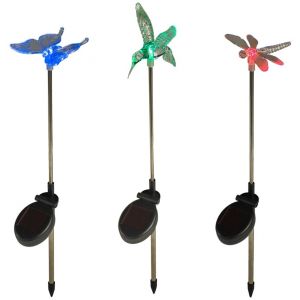 Lights4Fun Lot de 3 Balises LED Solaires Libellule, Papillon & Colibri Lumineuses de Couleur Changeante