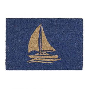 Relaxdays Paillasson coco, motif voilier, tapis d’entrée extérieur & intérieur, maritime, L x P 60 x 40 cm, bleu/nature