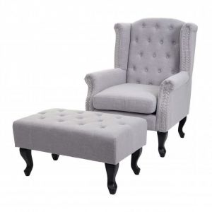 Fauteuil de luxe C sterfield, fauteuil à oreilles, tissu fuge gris avec ottomane