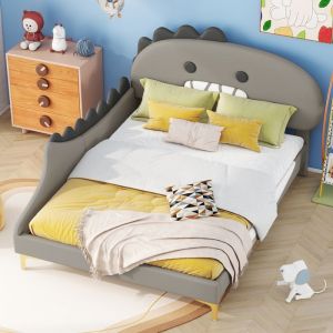 Lit enfant 140 x 200 cm en forme de dinosaure de dessin animé, gris