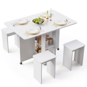 Ensemble Table &agrave; Manger pliante avec 4 Chaises,Table de cuisine avec 2 Etag&egrave;res de Rangement et Roues Verrouillables,120 x 80 x 80 cm,Blanc, Mondeer