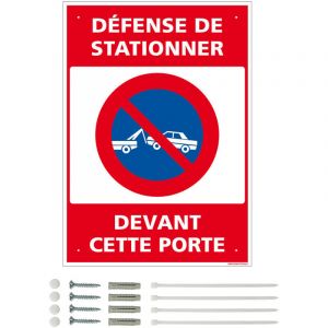 Image de Panneau de signalisation prépercé PVC ou ALU rectangulaire + kit de fixation - Défense de stationner devant cette porte - PVC 1 mm - 210 x 300 mm
