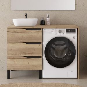 Meuble lave linge 124cm avec plateau et vasque arrondie - sans miroir - 3 tiroirs - madera miel (chêne clair) - SANTA