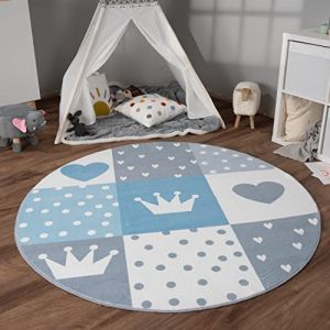 Paco Home Tapis Chambre Enfant Bebe Fille Garcon Antidérapant Arc-en-Ciel Coeur Pois, Dimension:120 cm Rond, Couleur:Bleu