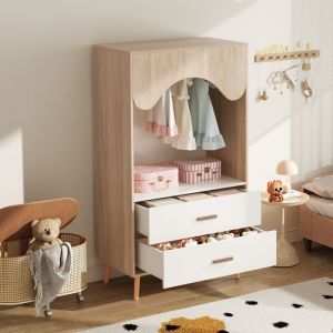 Armoire enfant ouverte 80x46x141.5 cm - Tringle à vêtements et 2 tiroirs - Pieds et poignées en bois massif - Blanc+naturel