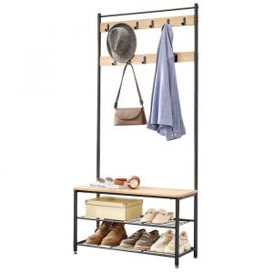 Grande armoire XL avec banc à chaussures, porte-manteaux et porte-chaussures, couleur chêne clair