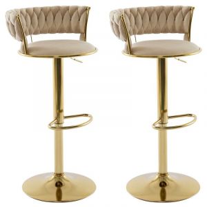 Lot de 2 tabourets de bar en velours et m&eacute;tal dor&eacute; - Hauteur r&eacute;glable - Beige - lomya