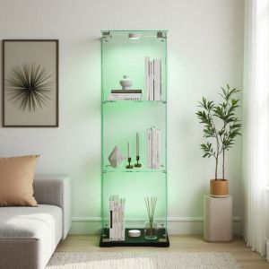 Vitrine en Verre Noir - 123cm - 3 &Eacute;tag&egrave;res - &Eacute;clairage LED Multicolore - Montage Facile