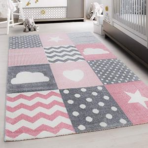 Teppium Tapis pour Chambre dEnfant et de Bébé motif à carreaux couleur rose gris et blanc 80x150 cm