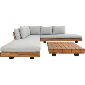 Salon de jardin d'angle 5 places en bois fsc et coussins gris chin&eacute; - Capri - Gris clair